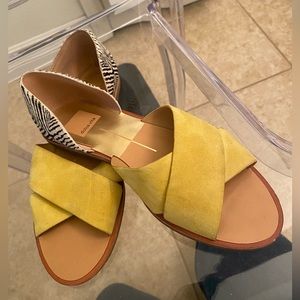 Dolce Vita open toed flats mustard straps and zebra heels